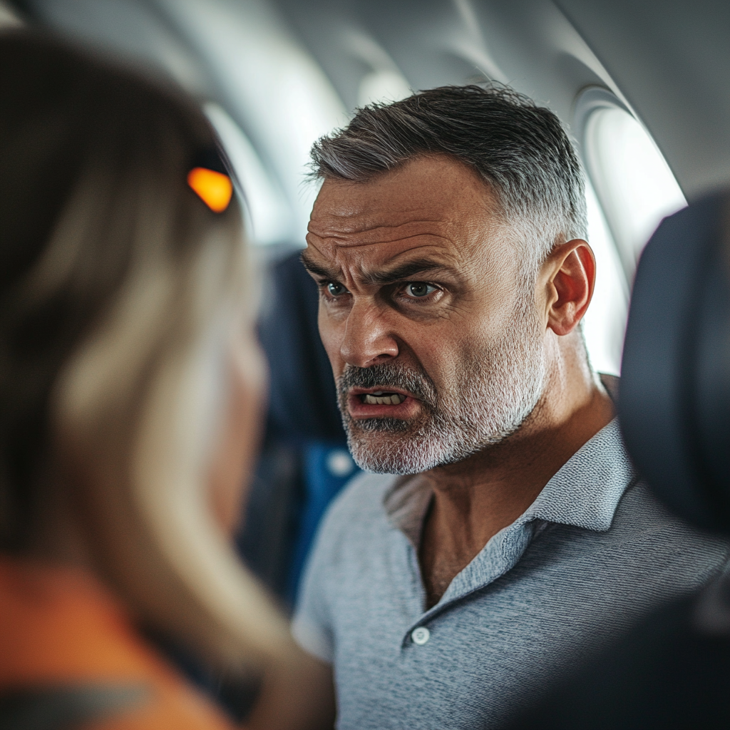 Un homme d'âge moyen en colère parle à une hôtesse de l'air dans un avion | Source : Midjourney