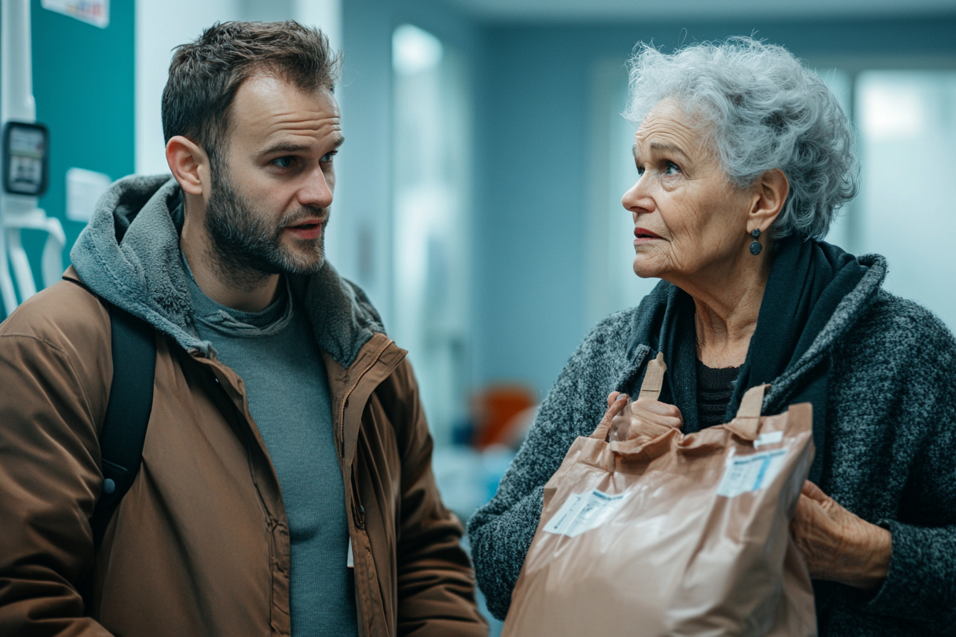 Un homme parle à une femme qui tient un sac | Source : Midjourney