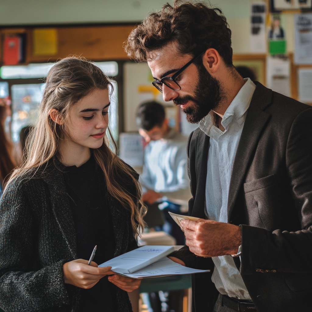 Élève remettant son devoir à son professeur | Source : Midjourney