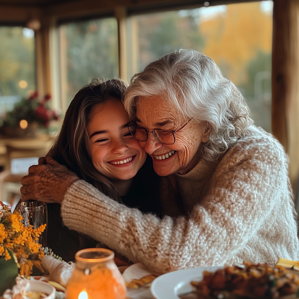 Une femme âgée serrant sa petite-fille dans ses bras | Source : Midjourney