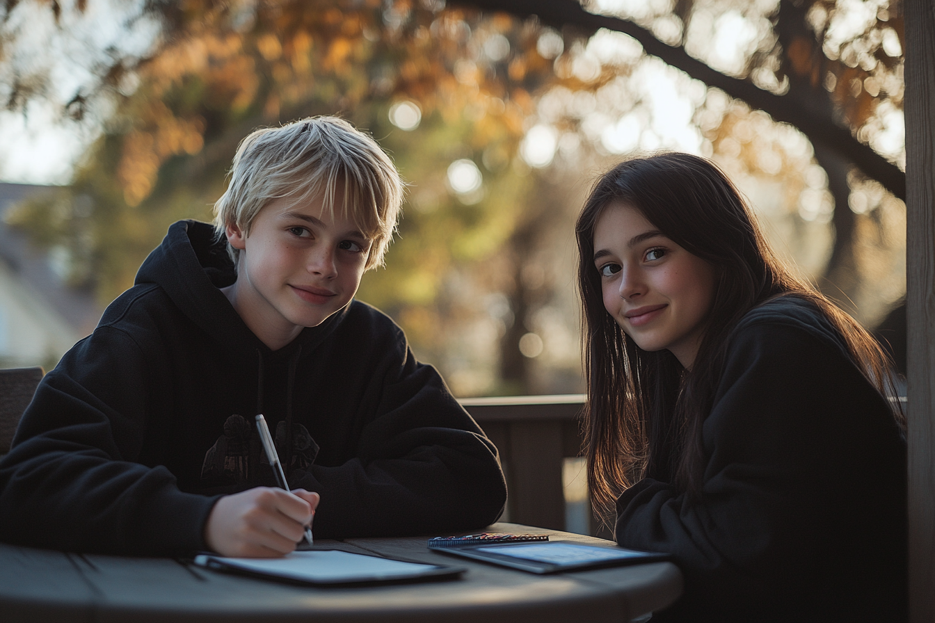 Un adolescent blond et une adolescente sourient à une table de porche | Source : Midjourney