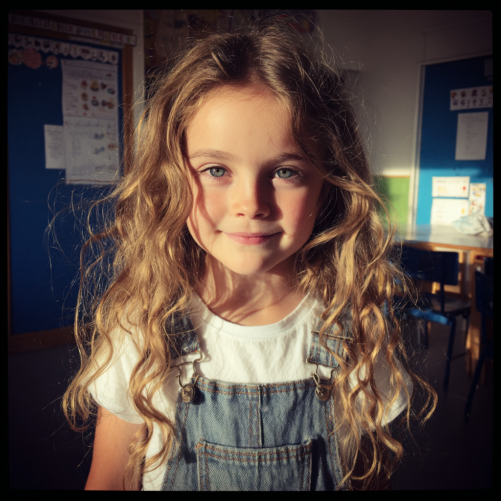 Une petite fille souriante portant une salopette | Source : Midjourney