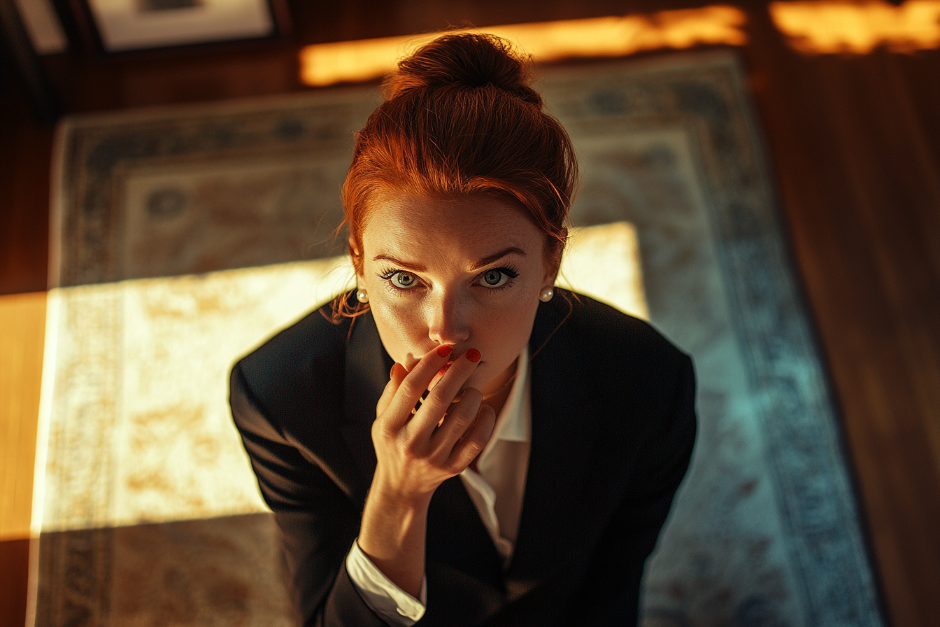 Femme d'une quarantaine d'années agenouillée sur un tapis dans un salon, se couvrant la bouche d'horreur | Source : Midjourney