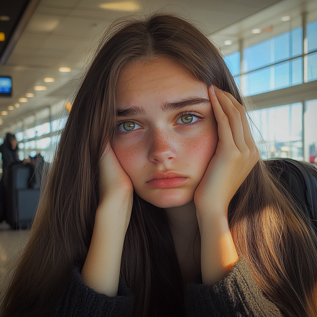 Une fille bouleversée assise dans un aéroport | Source : Midjourney