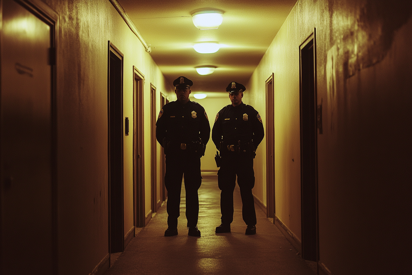 Des policiers dans un couloir d'appartement | Source : Midjourney