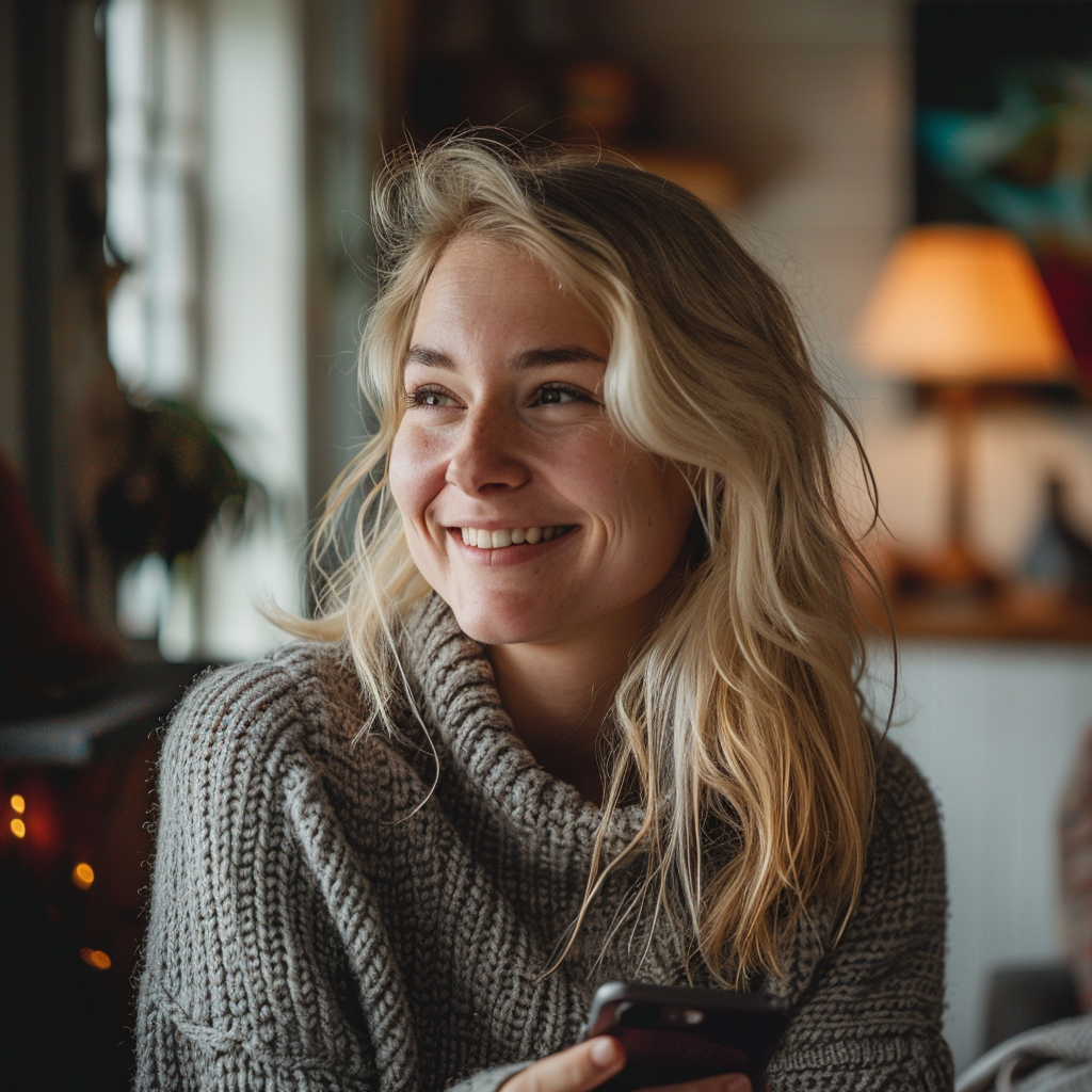 Une jeune femme souriante tenant son téléphone | Source : Midjourney