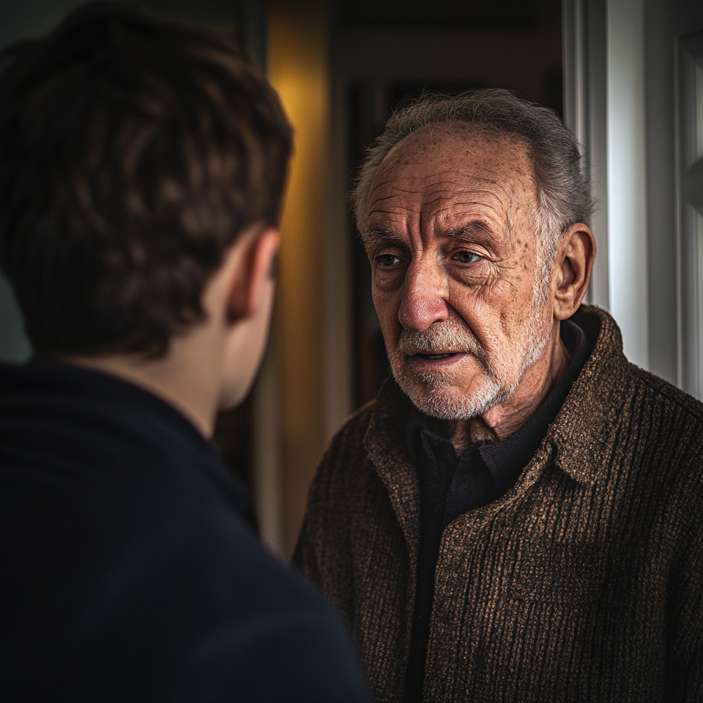 Homme âgé embarrassé confronté à un jeune homme. | Source : Midjourney