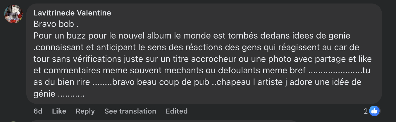 Commentaire d'une internaute sur le nouveau visage de Bob Sinclar | Source : capture Facebook