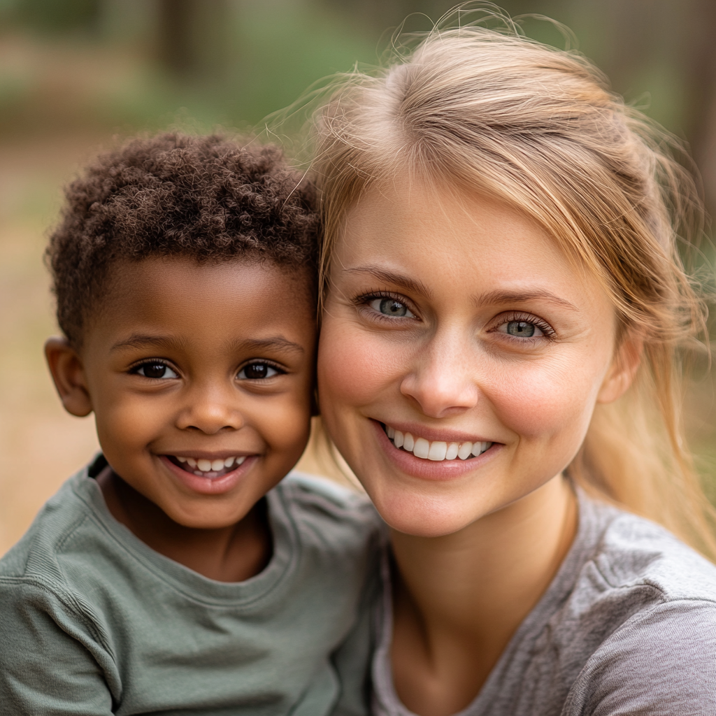 Une femme et un petit garçon sourient en traînant dehors | Source : Midjourney