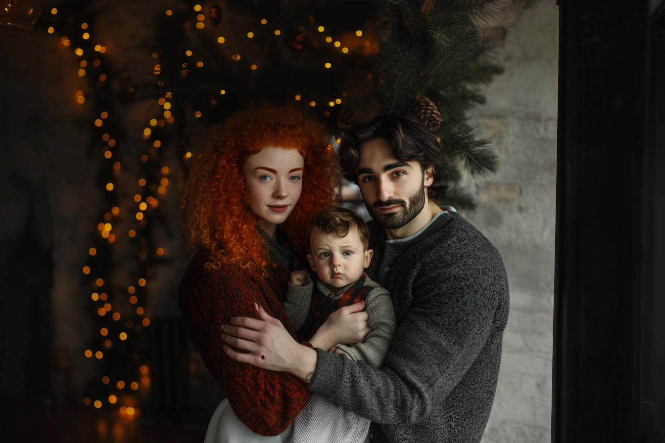 Une famille pose devant un sapin de Noël | Source : Midjourney