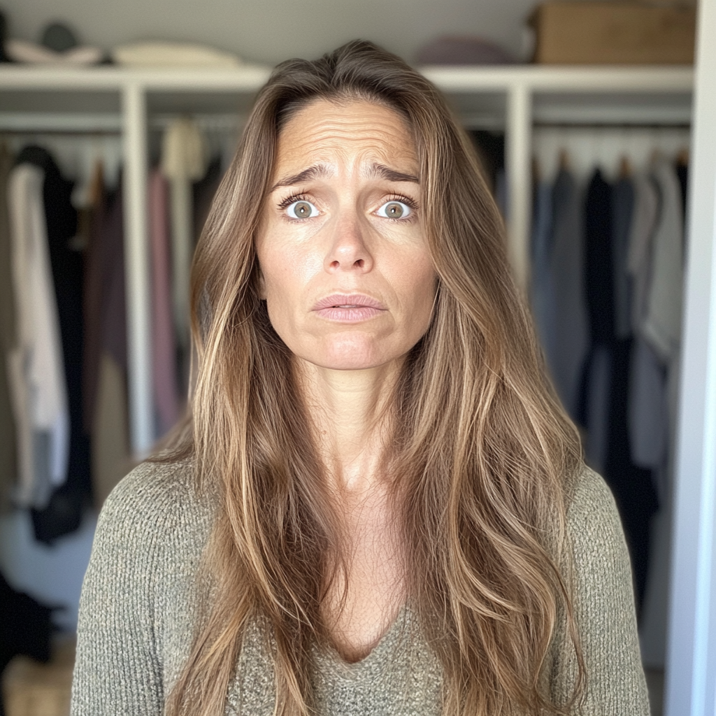 Une femme fronçant les sourcils devant un placard ouvert | Source : Midjourney