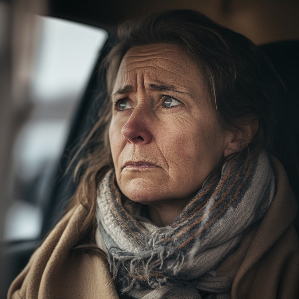 Une femme âgée et triste assise dans une voiture | Source : Midjourney