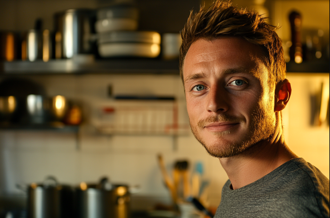 Un homme souriant dans une cuisine | Source : Midjourney