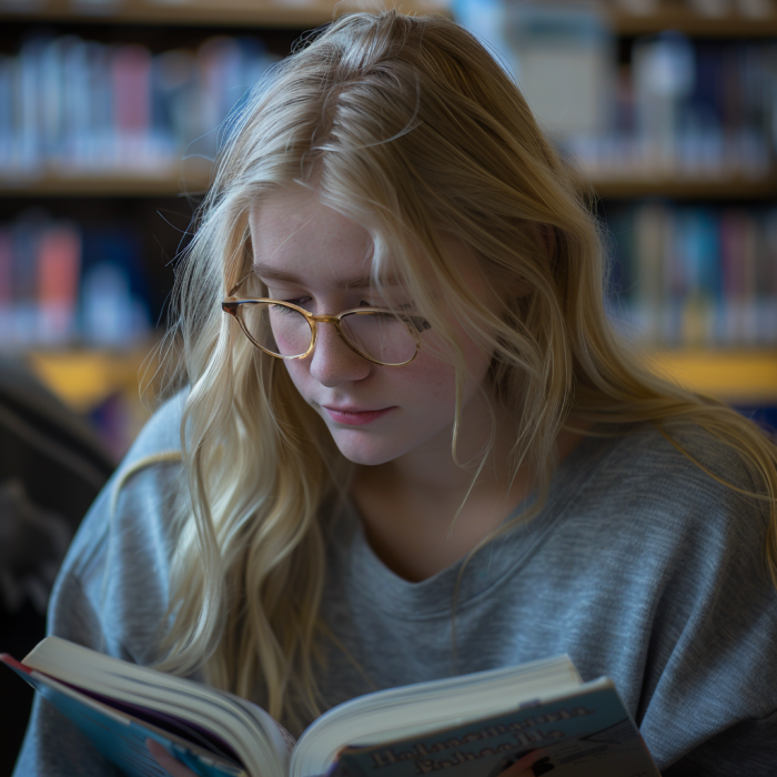 Une adolescente lisant un livre dans une bibliothèque | Source : Midjourney