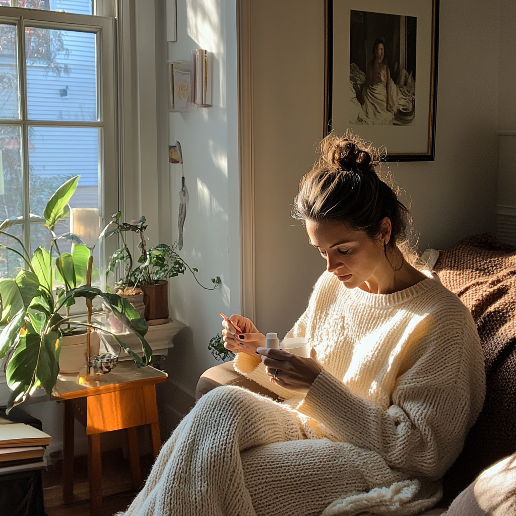 Une femme assise sur un canapé | Source : Midjourney