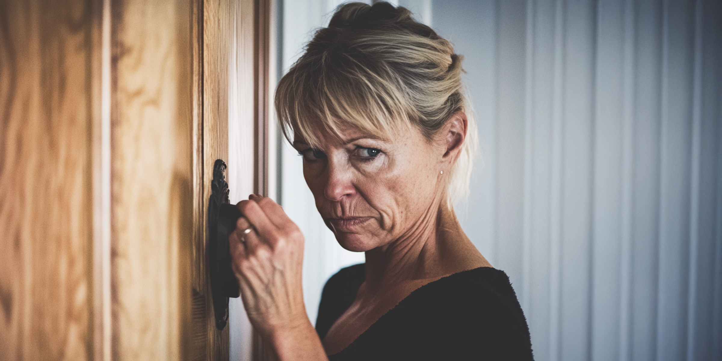 Une femme d'âge moyen se tenant près d'une porte en bois et jetant un regard acéré | Source : The Celebritist