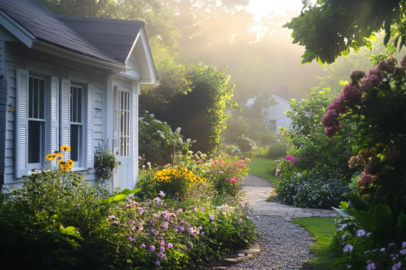 Une maison modeste entourée d'un jardin rempli de fleurs | Source : Midjourney