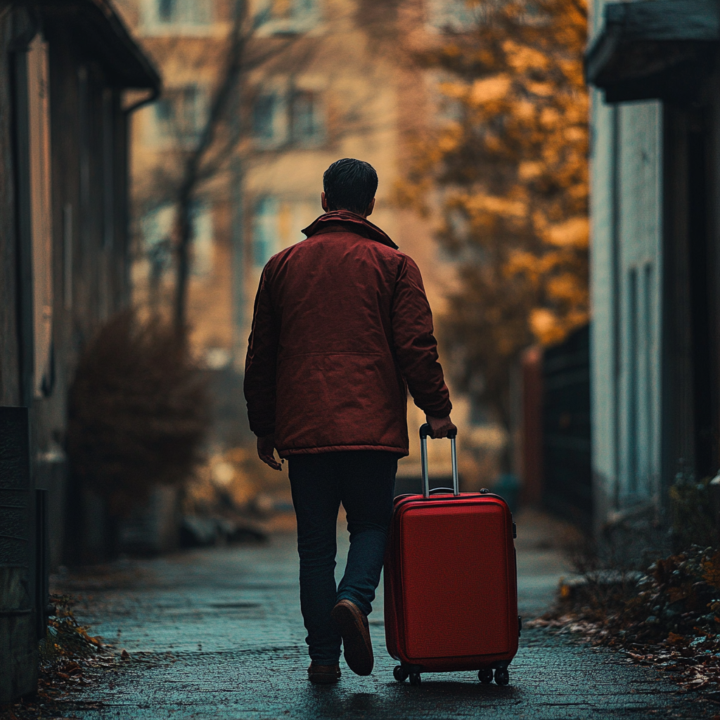 Un homme poussant sa valise alors qu'il quitte sa maison | Source : Midjourney