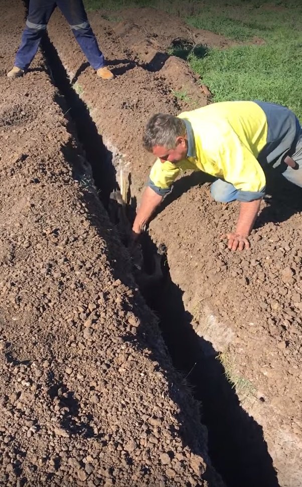 L'ouvrier de construction atteignant le fossé avec sa main afin d'extraire le pauvre kangourou qui était piégé là. | YouTube/ViralHog