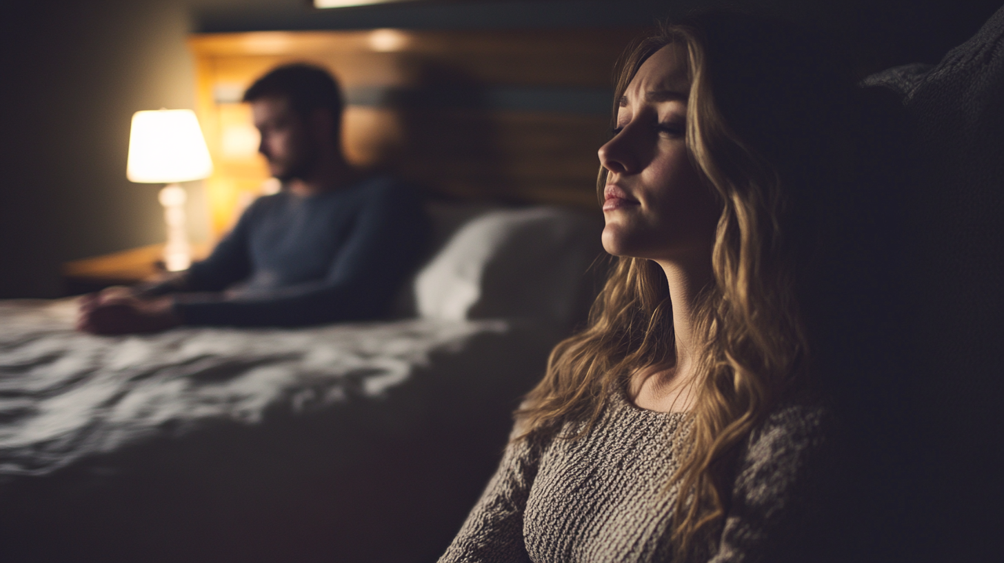 Une femme dans une chambre à coucher avec un homme. | Source : Midjourney