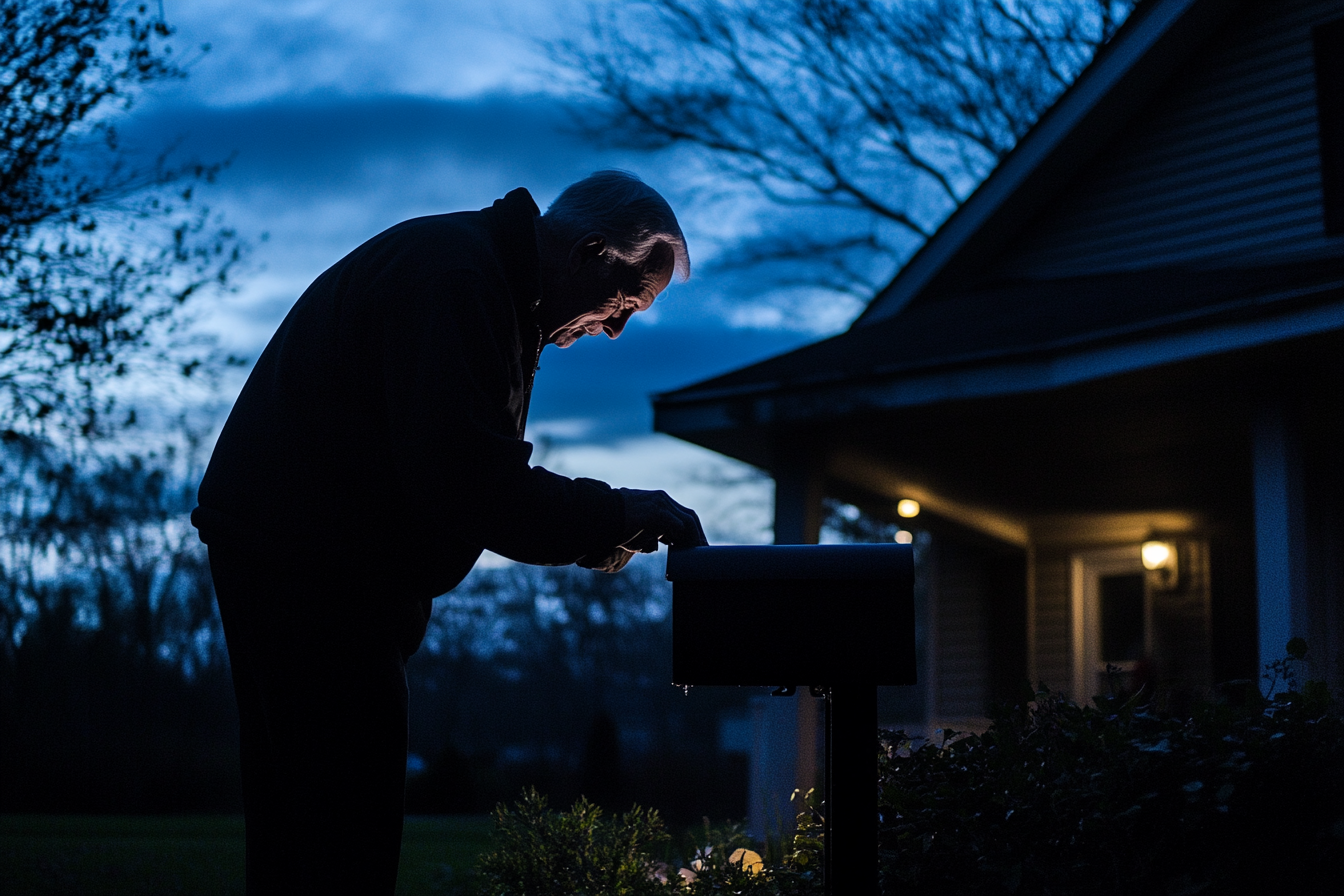 Photo de nuit d'un homme âgé ouvrant une boîte aux lettres à l'extérieur d'une maison | Source : Midjourney