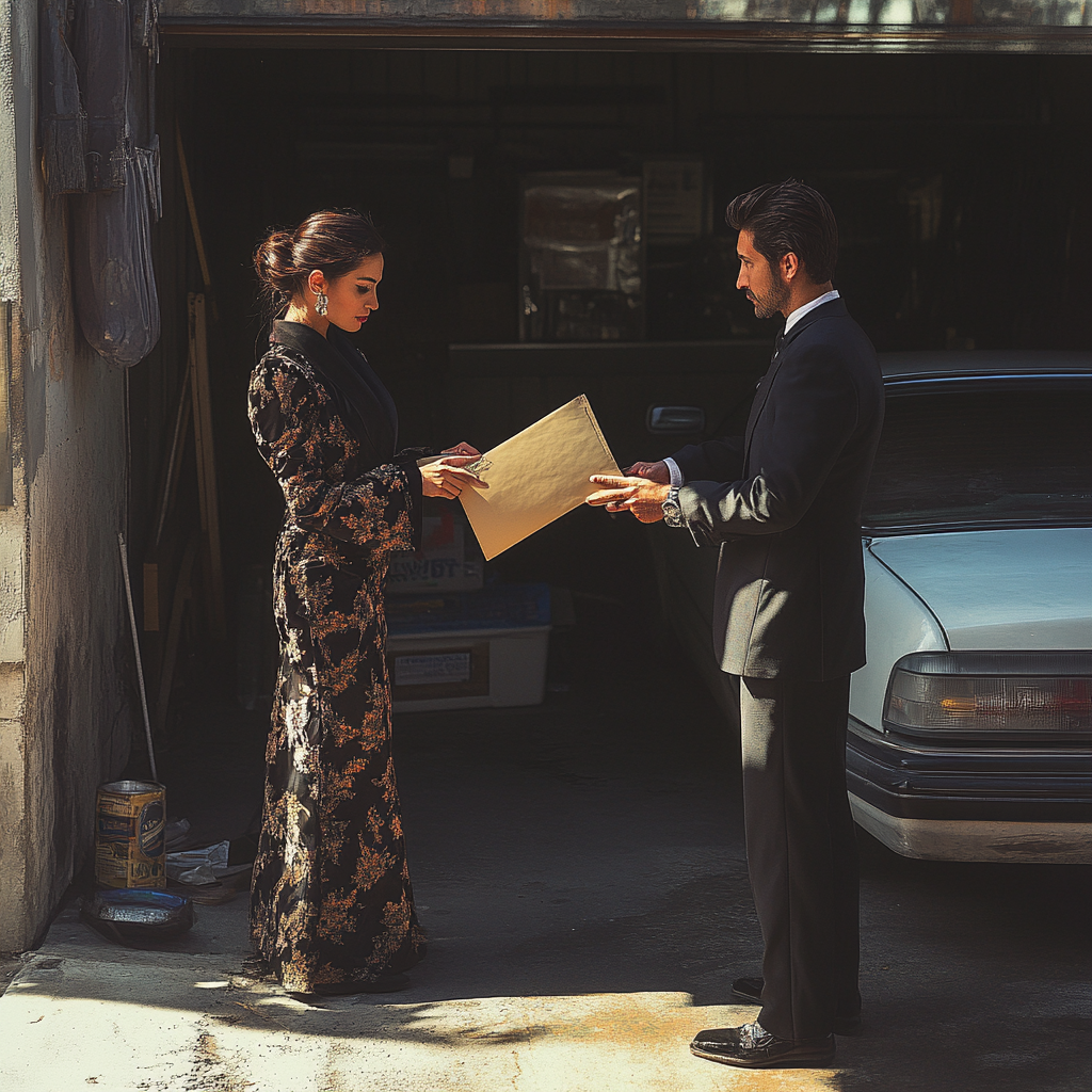 Une femme fortunée remettant une enveloppe à un homme | Source : Midjourney