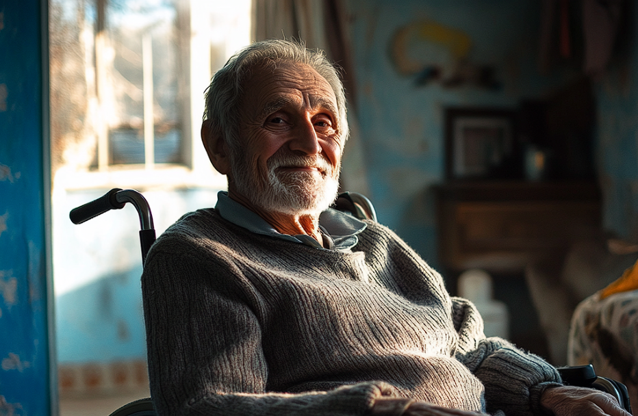 Un homme âgé en fauteuil roulant qui sourit | Source : Midjourney