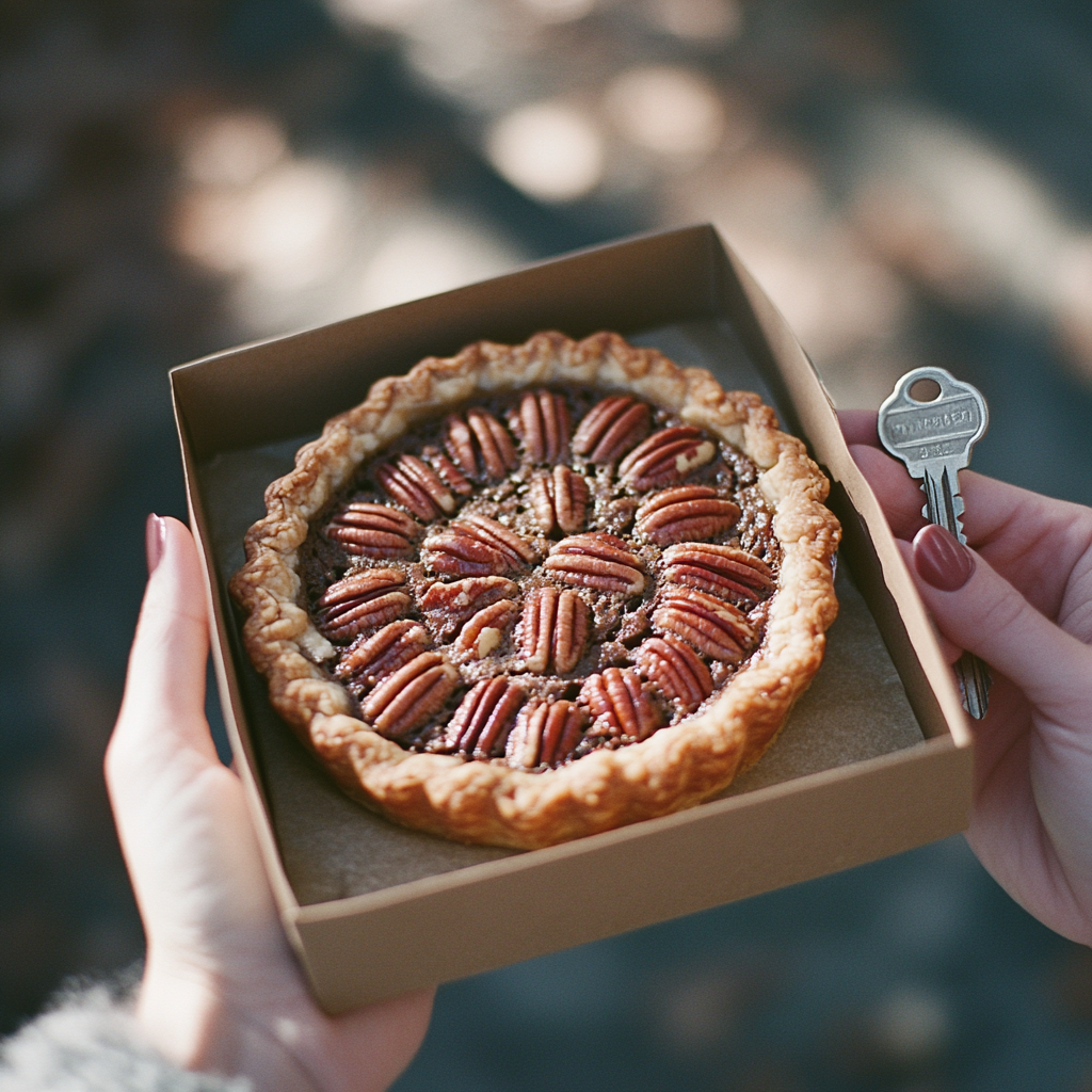 Une femme tenant une tarte et une clé | Source : Midjourney