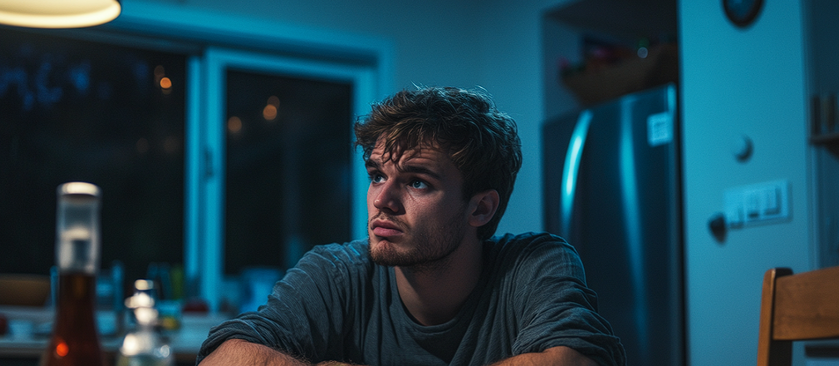 Un homme sérieux qui regarde quelqu'un pendant le dîner | Source : Midjourney