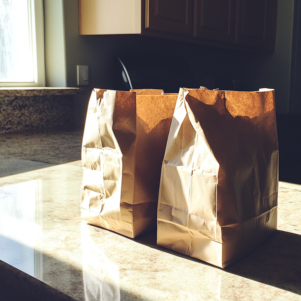Sacs en papier brun sur un comptoir de cuisine | Source : Midjourney