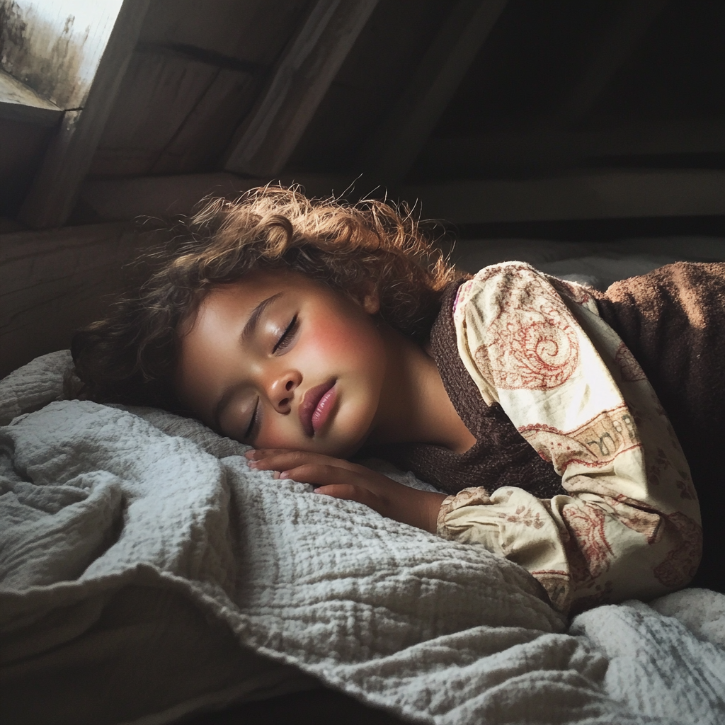 Une petite fille dormant sur une couverture dans un grenier | Source : Midjourney