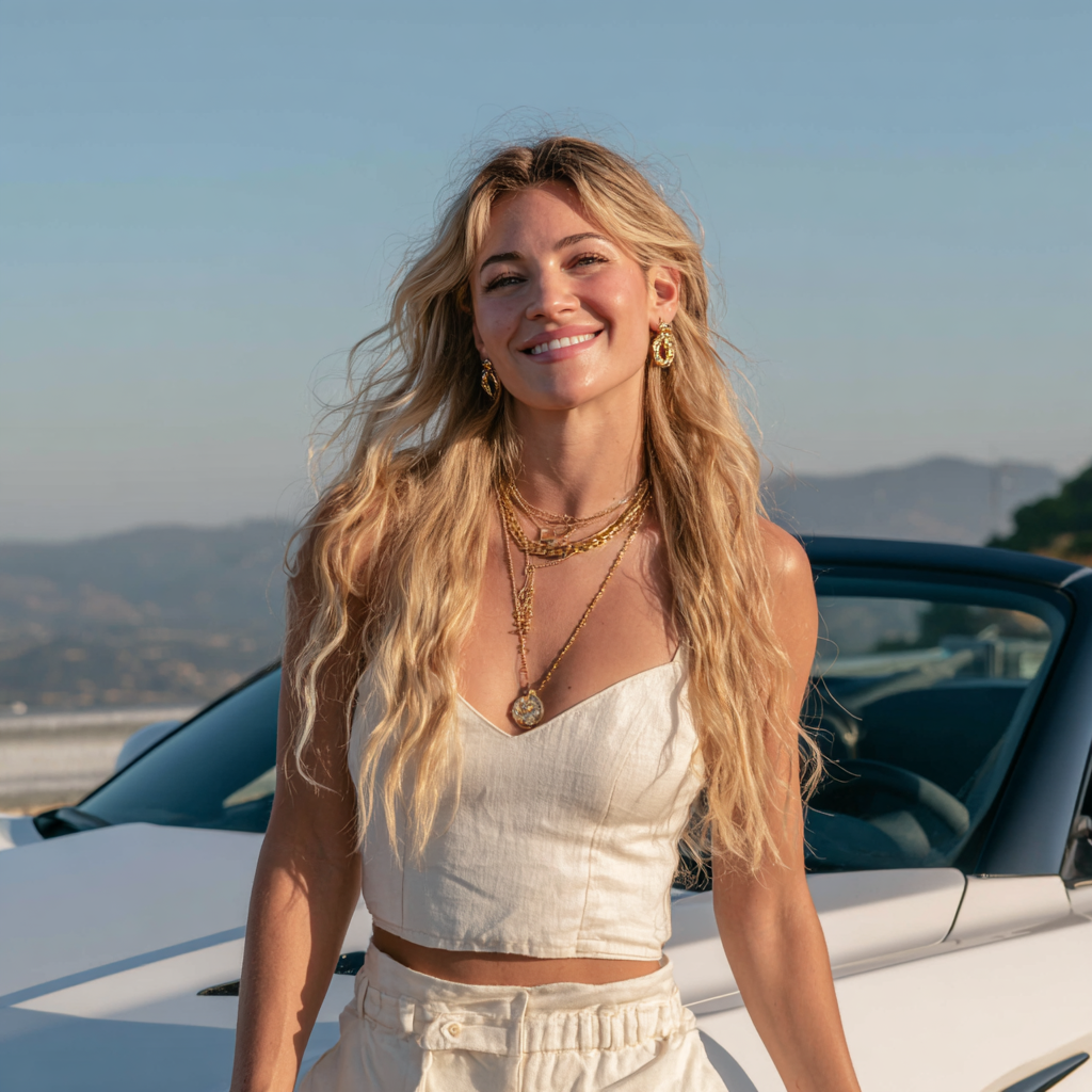 Une femme souriante adossée à une voiture | Source : Midjourney