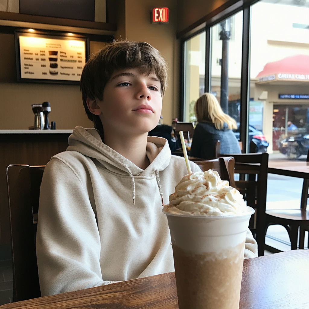 Un garçon assis dans un café | Source : Midjourney