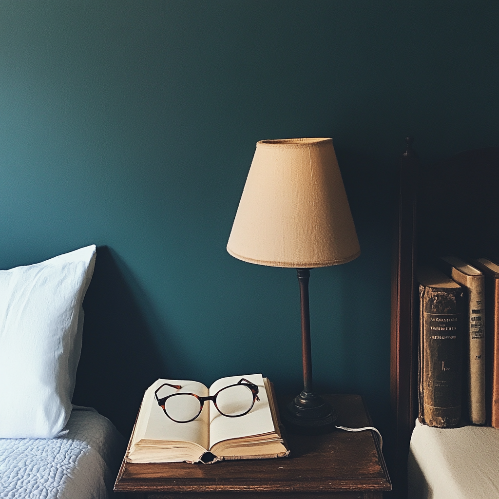 Une paire de lunettes de lecture sur une table de nuit | Source : Midjourney