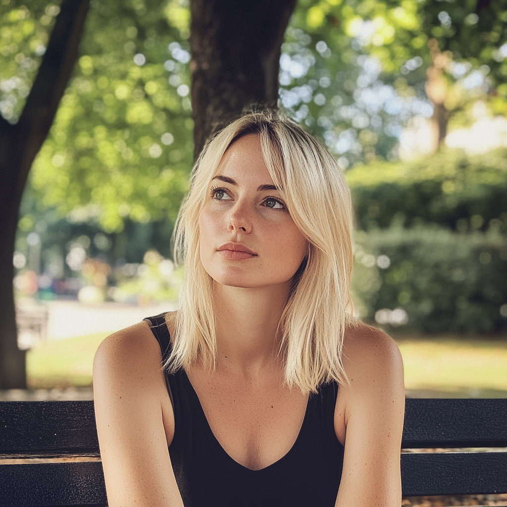 Une femme assise sur un banc public | Source : Midjourney