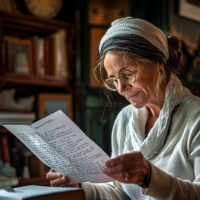 Une femme sourit en lisant une lettre | Source : Midjourney