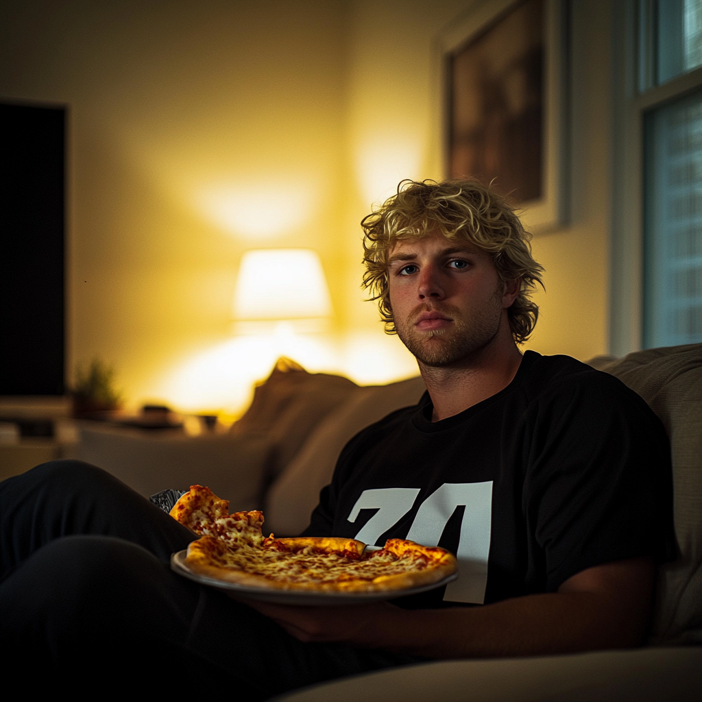 Un homme tenant une assiette de pizza | Source : Midjourney