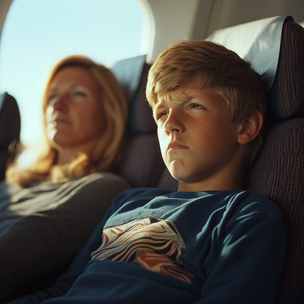 Un adolescent frustré dans un avion | Source : Midjourney