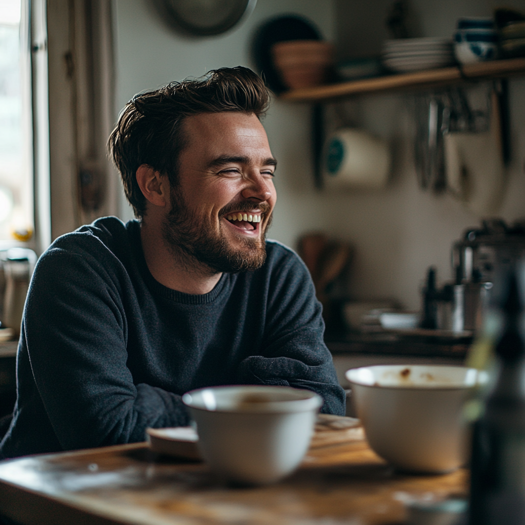 Un homme qui rit dans la cuisine | Source : Midjourney