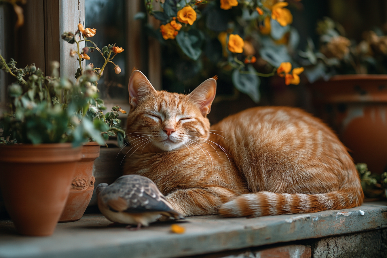 Un chat tabby orange avec un pigeon mort | Source : Midjourney