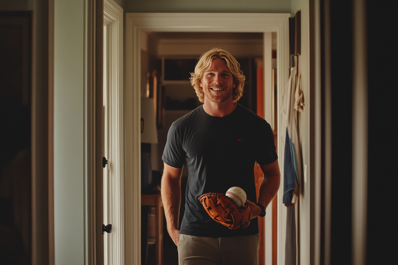 Un homme blond tenant une mitaine de baseball sourit dans le couloir d'une maison | Source : Midjourney