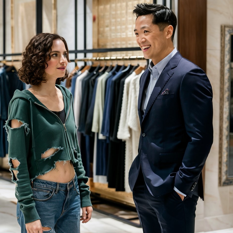 Une femme s'adressant à un homme dans un magasin de luxe | Source : Midjourney