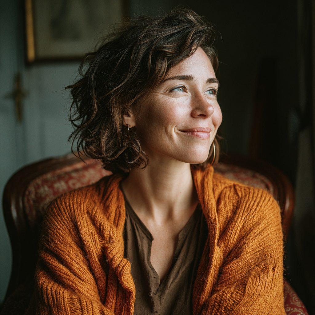 Une femme heureuse assise chez elle | Source : Midjourney