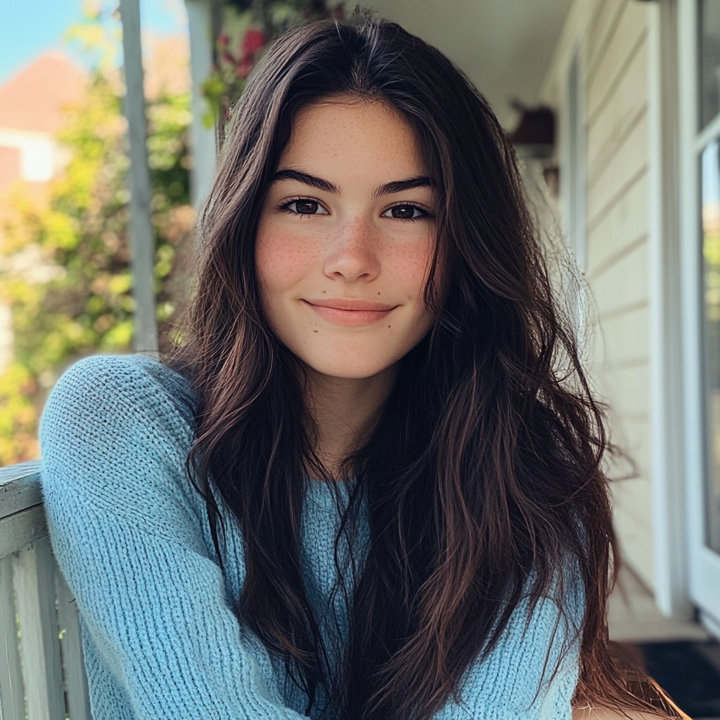 Une jeune femme souriante assise sous un porche | Source : Midjourney