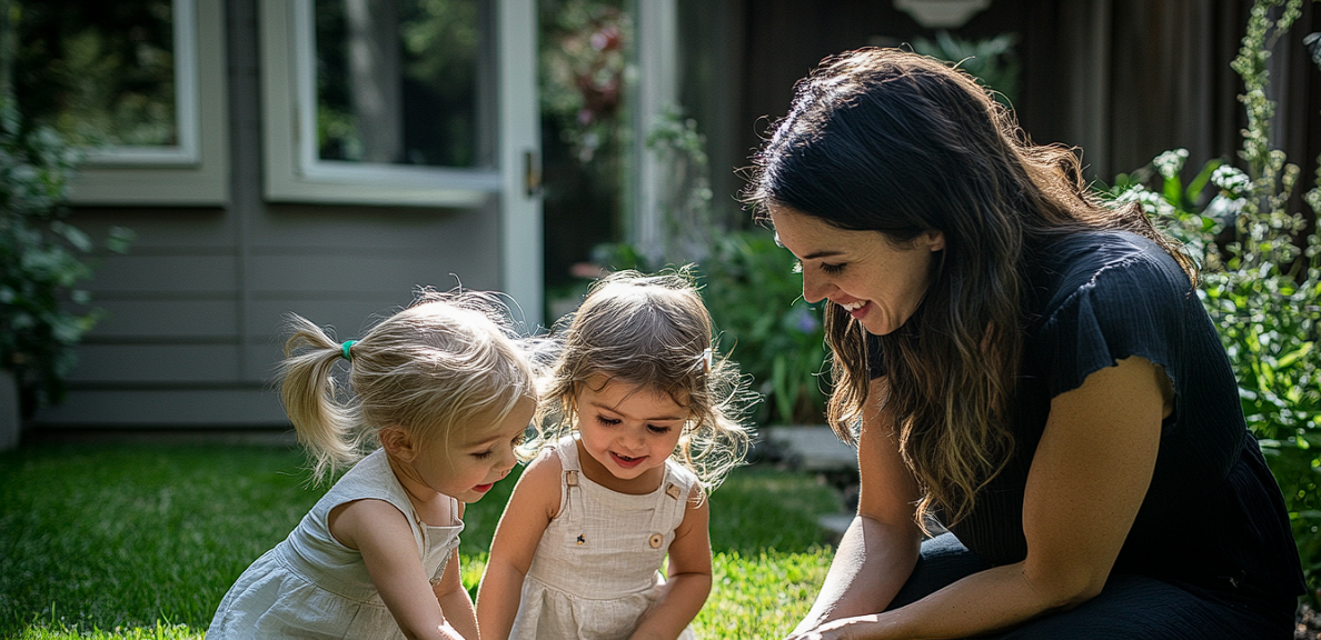 Une femme jouant avec ses filles jumelles | Source : Midjourney