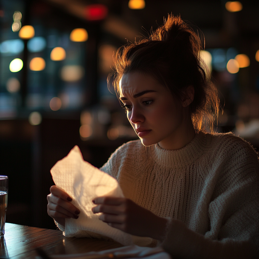 Une femme regarde une serviette de table | Source : Midjourney