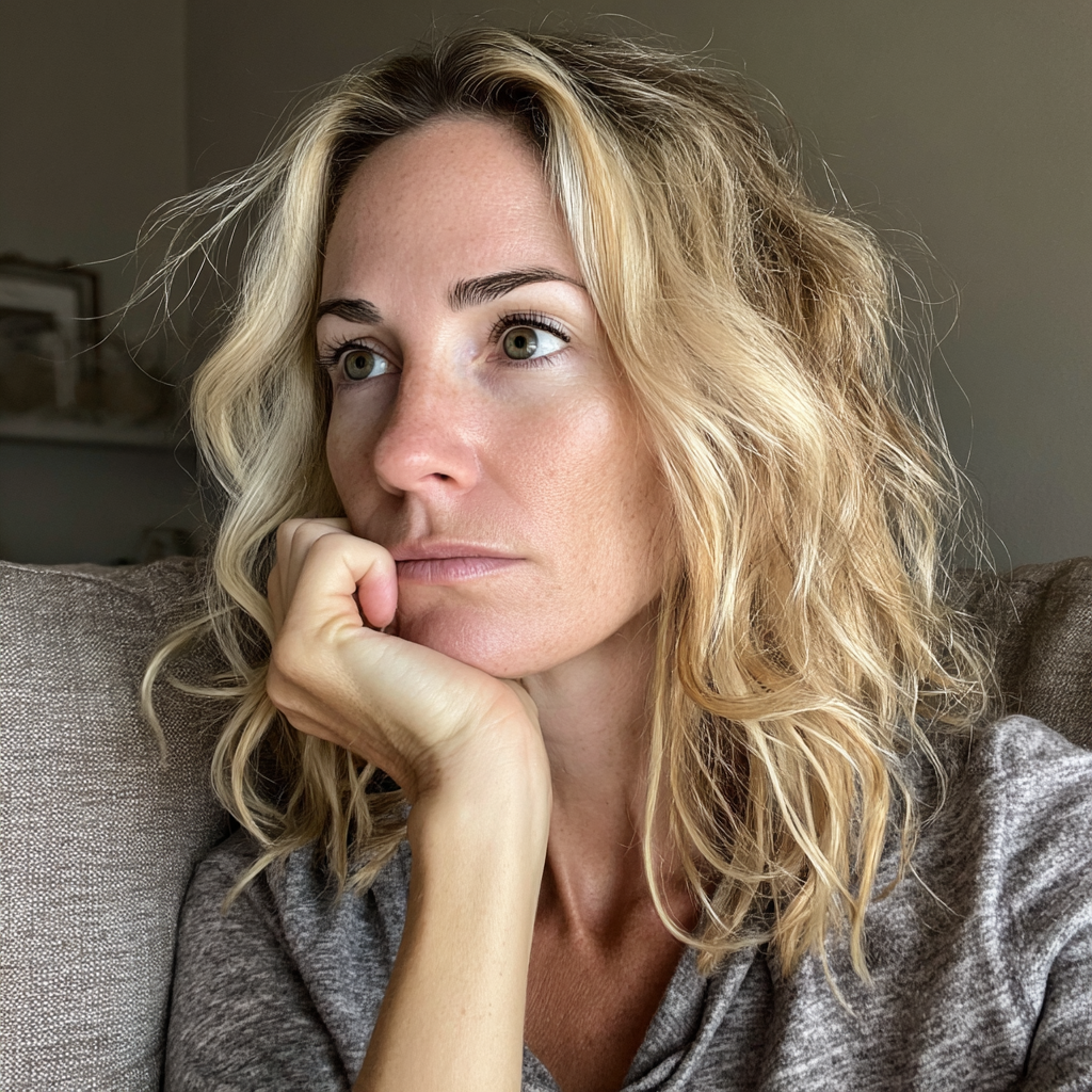 Une femme stressée assise sur un canapé | Source : Midjourney