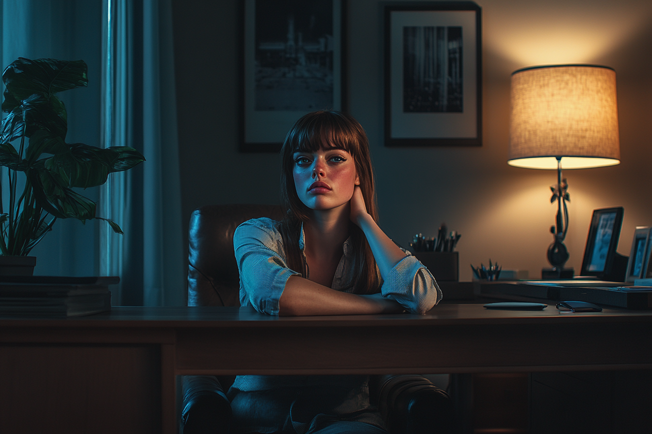 Femme assise à un bureau la nuit, l'air pensif | Source : Midjourney