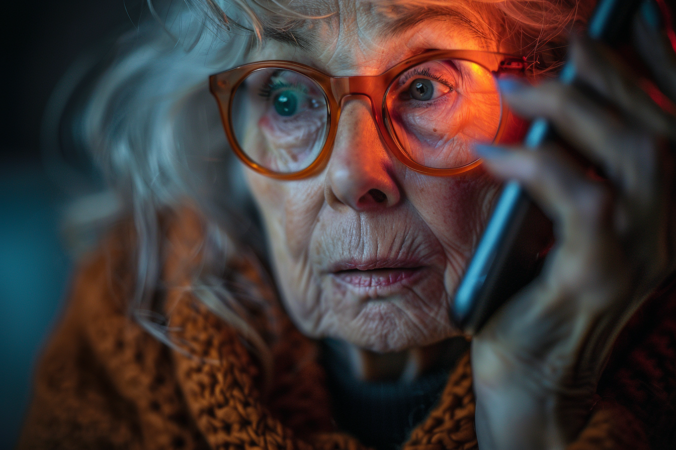 Gros plan sur une femme âgée qui parle au téléphone | Source : Midjourney