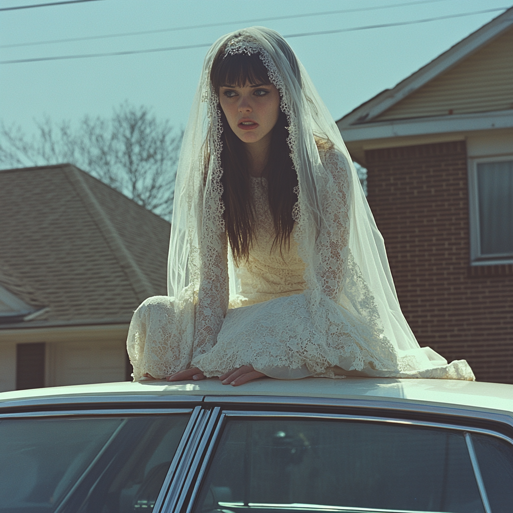 Une femme confuse en robe de mariée sur le toit d'une voiture | Source : Midjourney